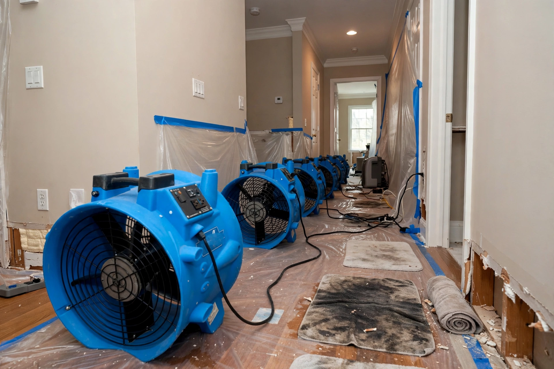 Air movers drying a hallway after water extraction - DryOut Inc water damage project Florida