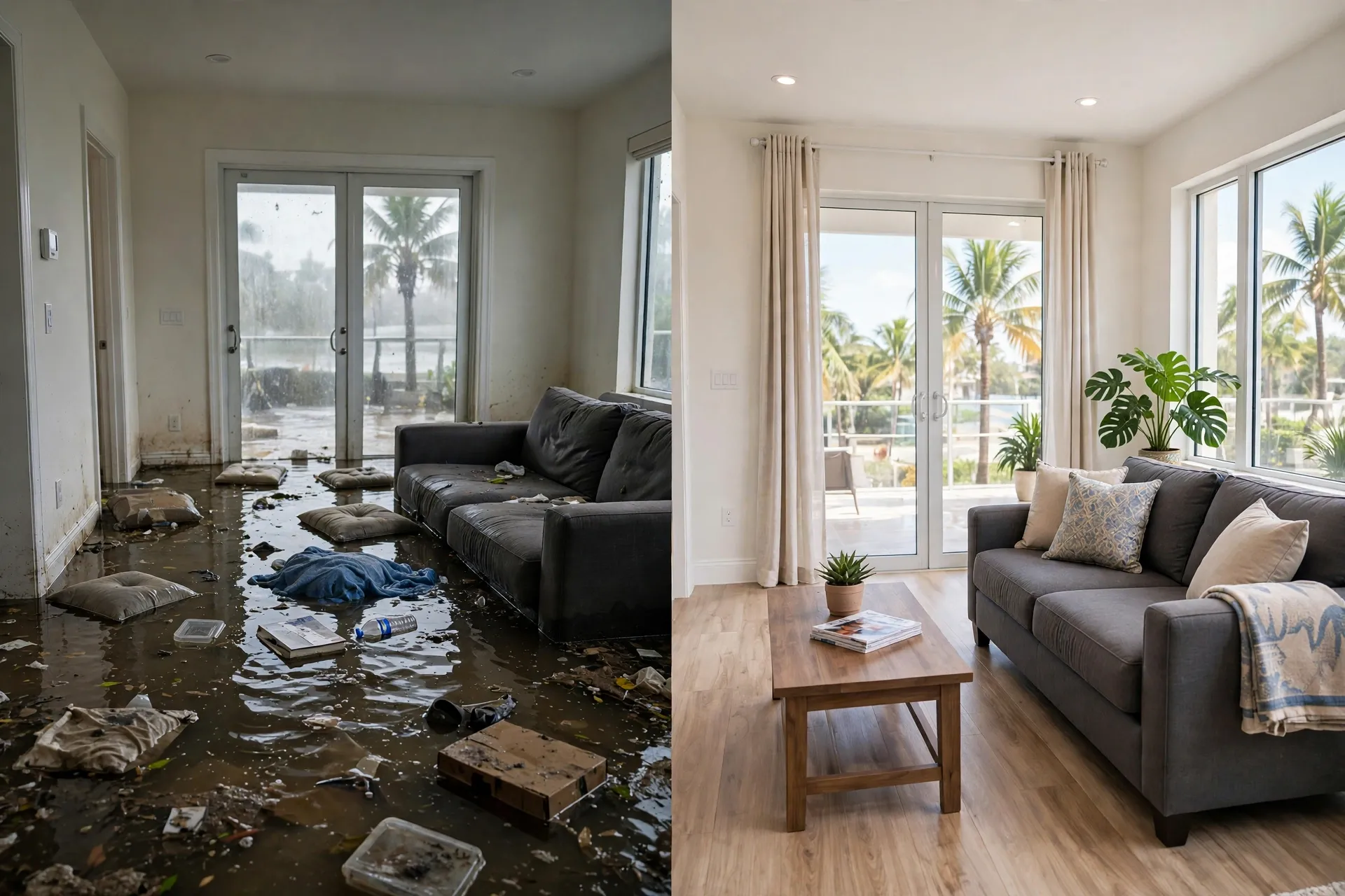 Before and after: West Palm Beach apartment living room flooded halfway up the sofa, then dried and restored - DryOut Inc