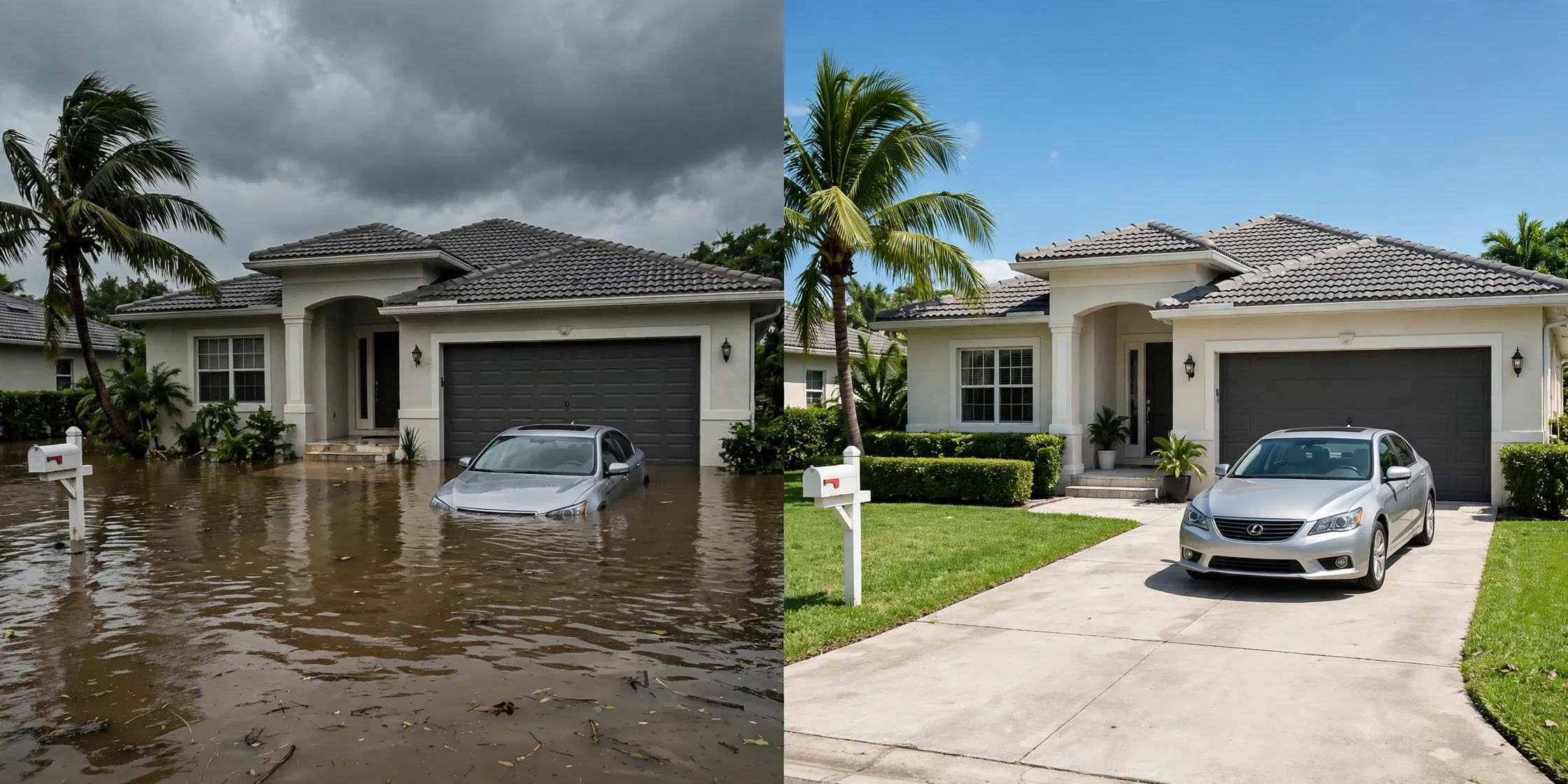 Before and after: Miami home flooded with a car half-submerged in the driveway, then fully restored - DryOut Inc