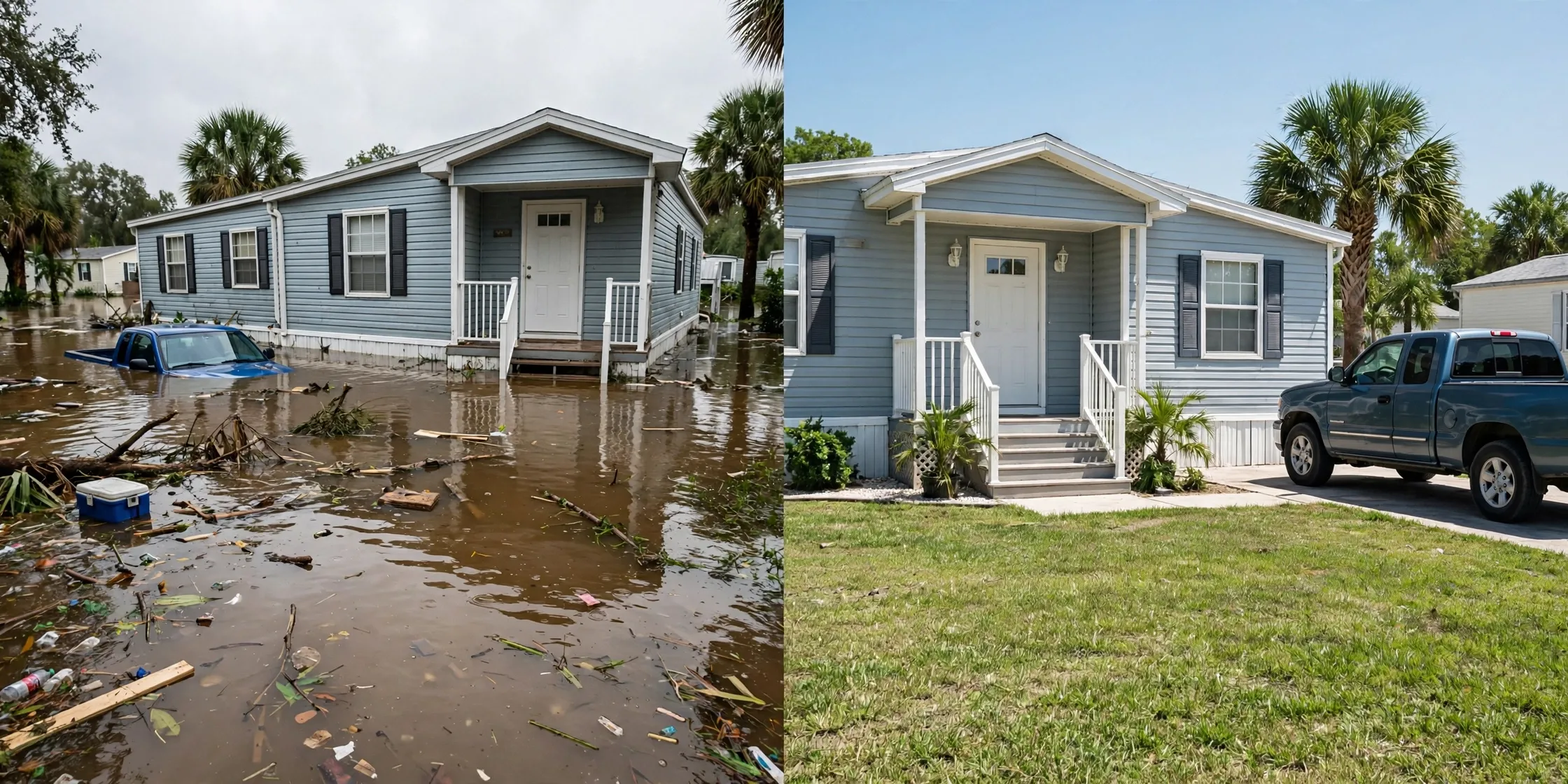 Before and after: Sarasota mobile home flooded with a pickup truck submerged beside it, then cleaned and restored - DryOut Inc