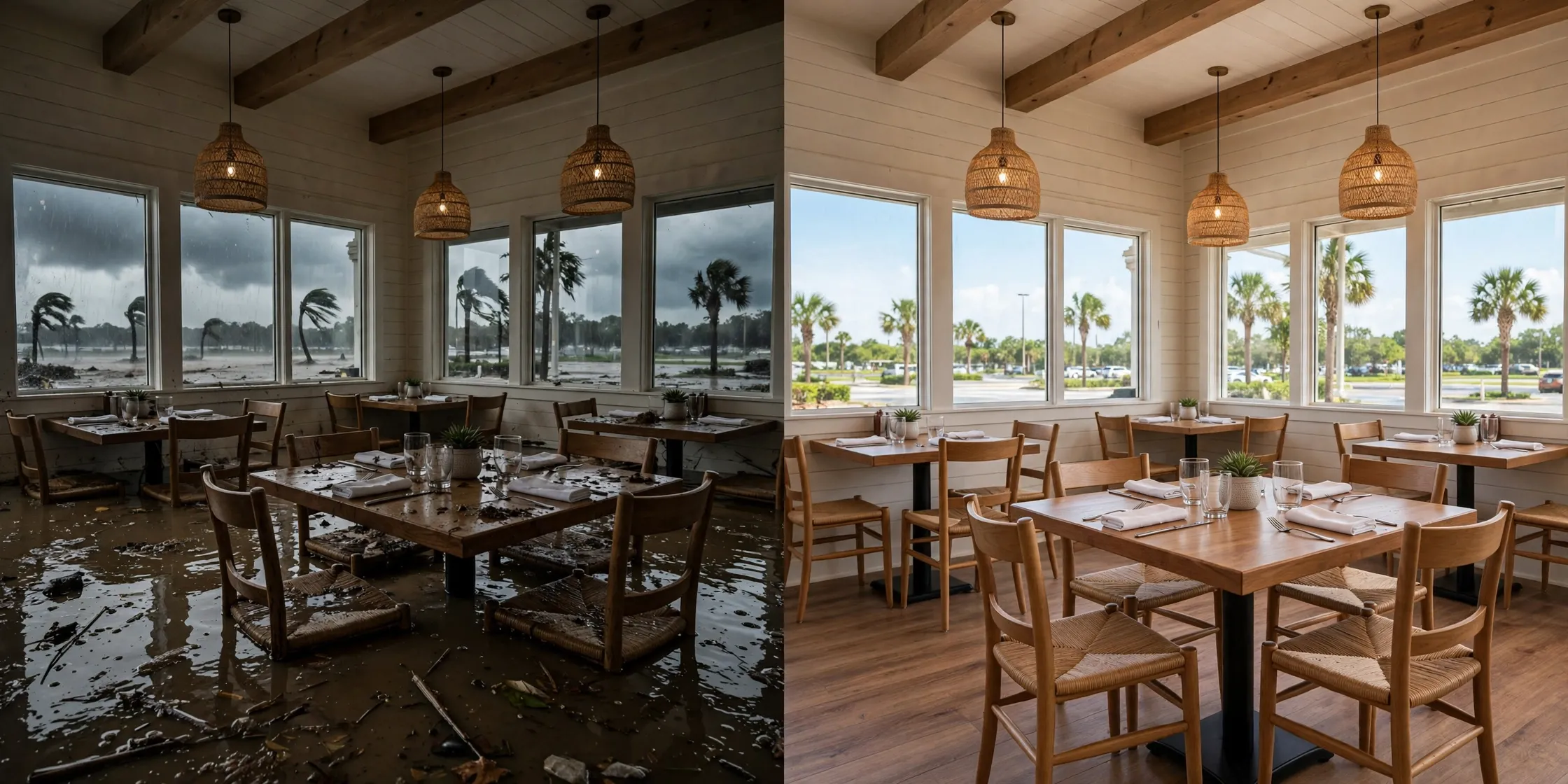 Before and after: Pensacola restaurant dining room flooded with muddy water, then cleaned and reopened - DryOut Inc