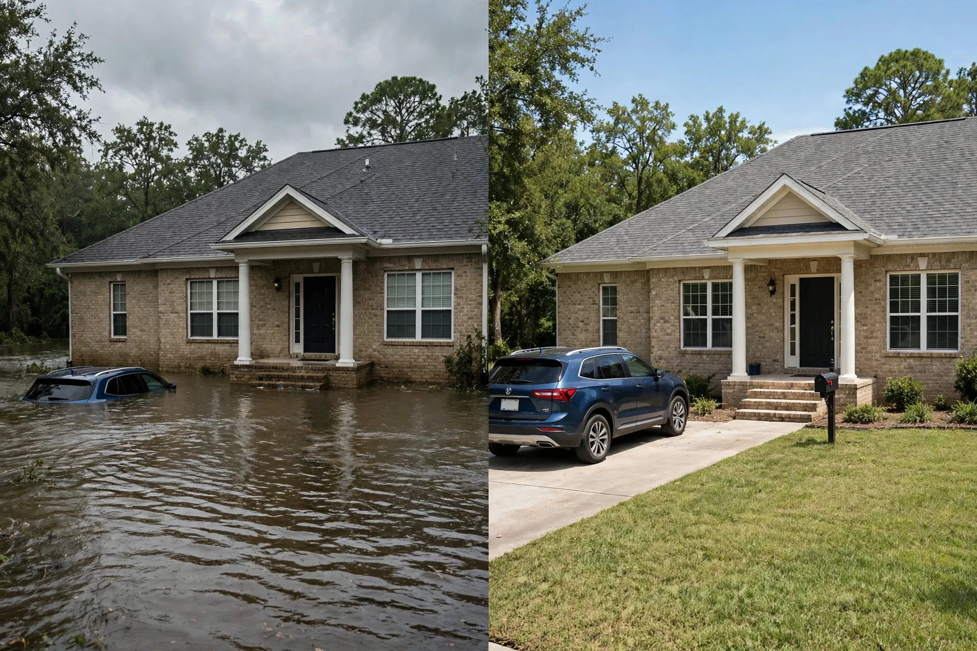 Before and after: Jacksonville home with flooded yard and an SUV submerged to its roof, then dry and restored - DryOut Inc