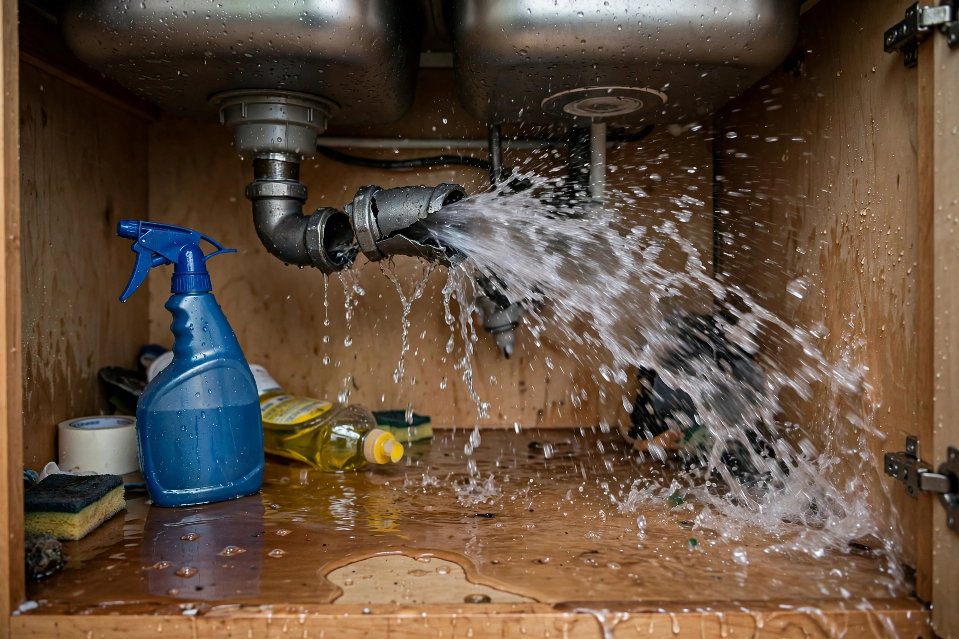 Burst supply pipe under a kitchen sink - DryOut Inc water damage project Florida