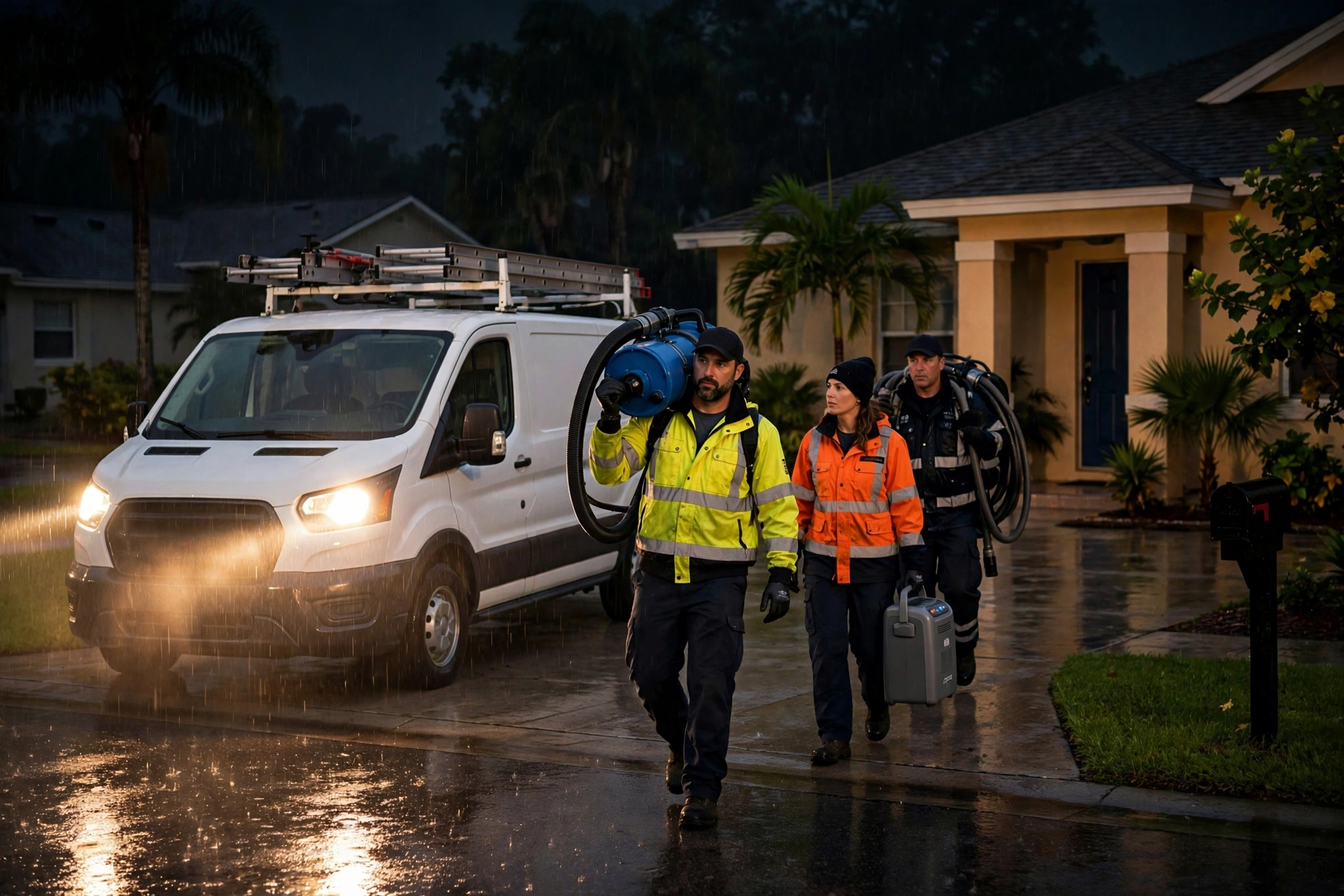 Emergency water extraction crew responding at night in Florida