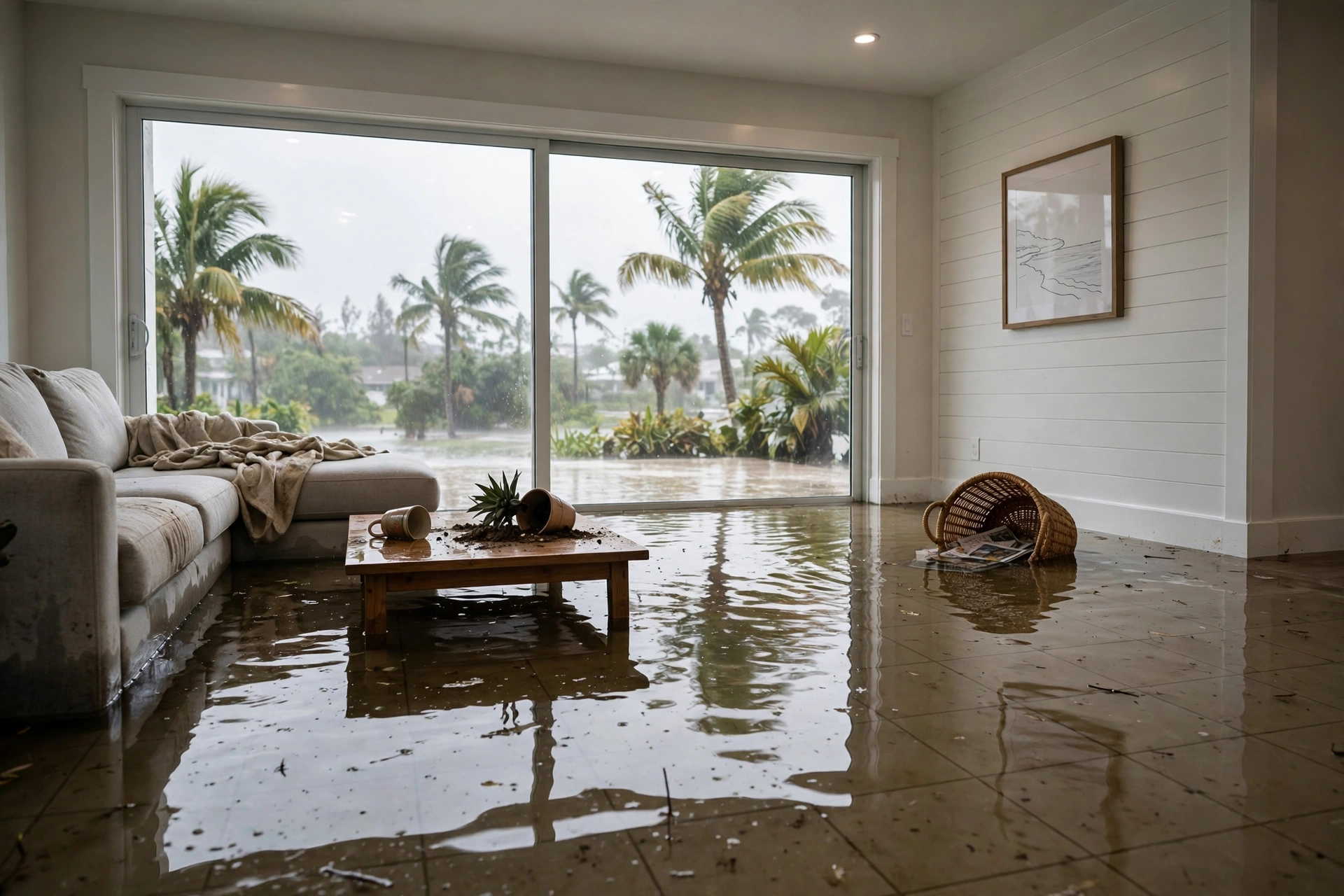 Before: flooded living room in a Fort Lauderdale home - DryOut Inc water damage project