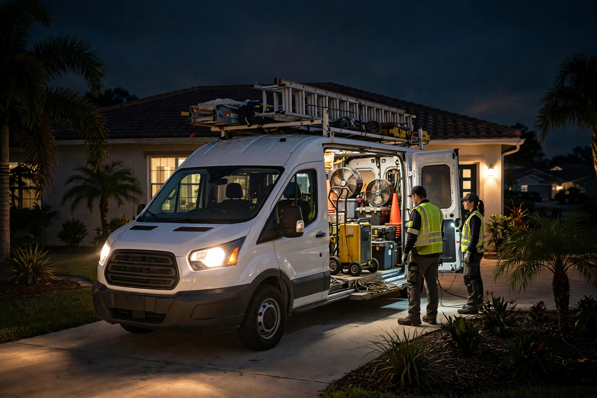 Emergency water damage crew responding at a Florida home at night