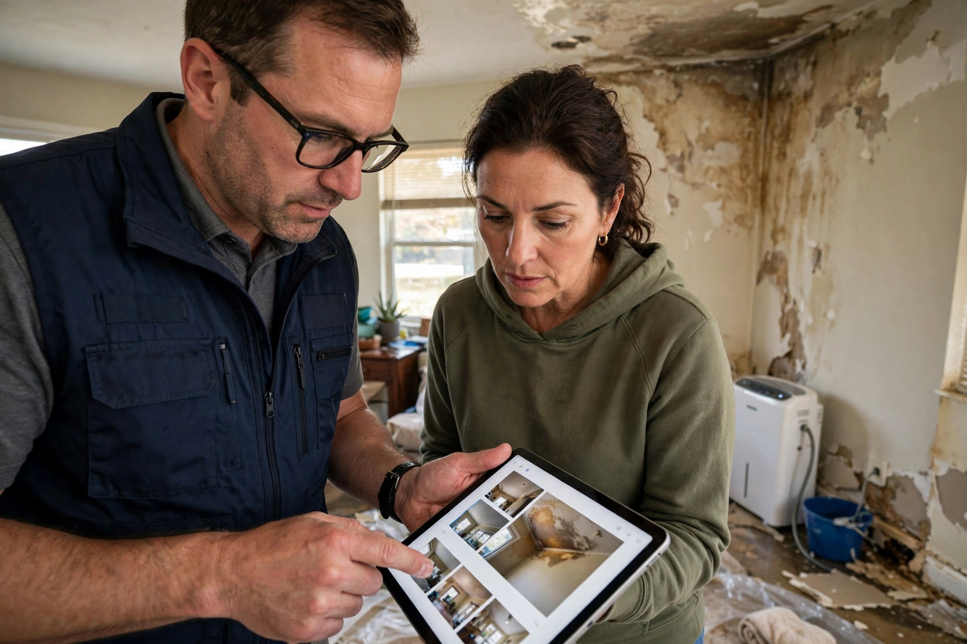 Insurance adjuster reviewing commercial water damage documentation in Florida