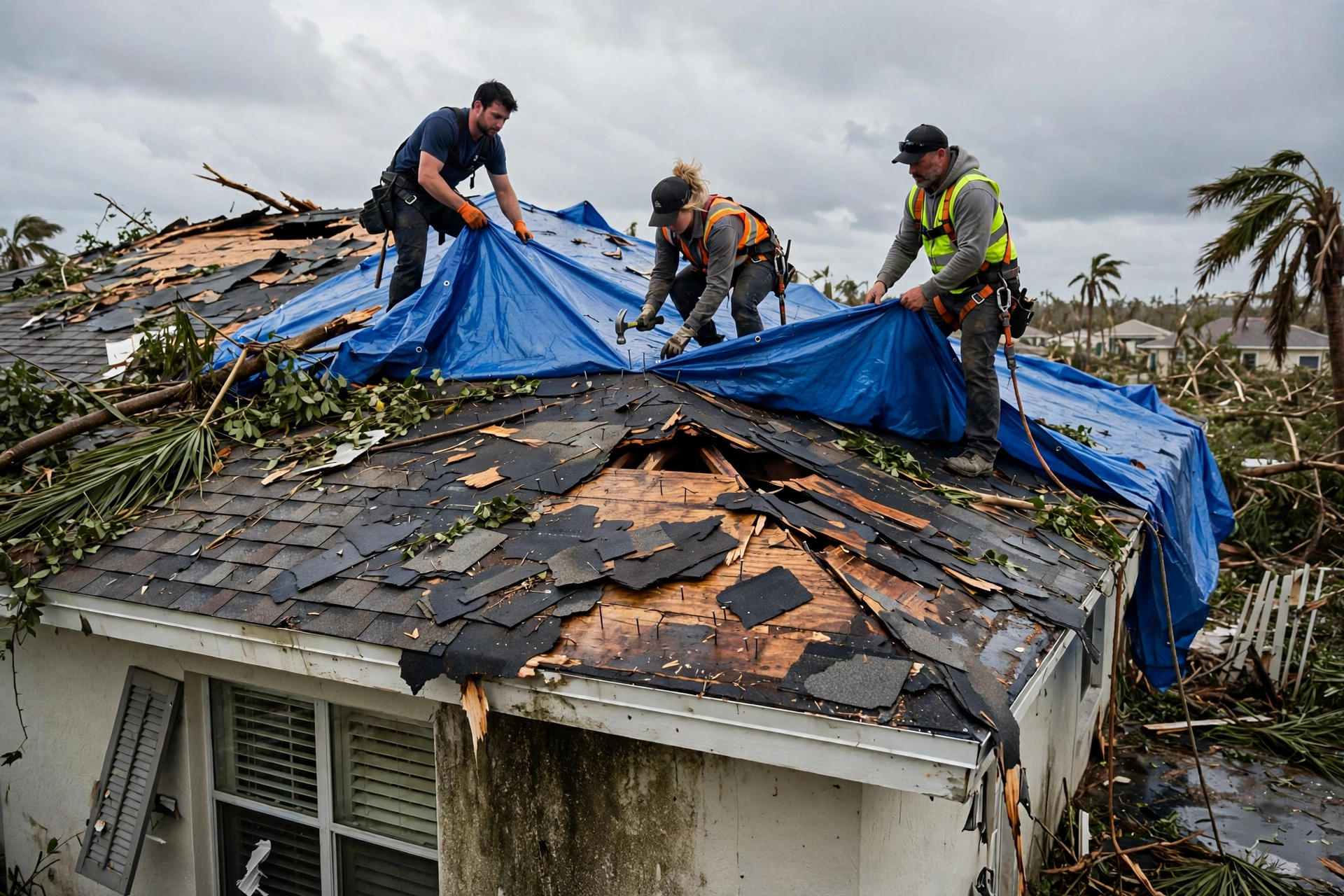 Storm damaged Florida roof secured during flood cleanup
