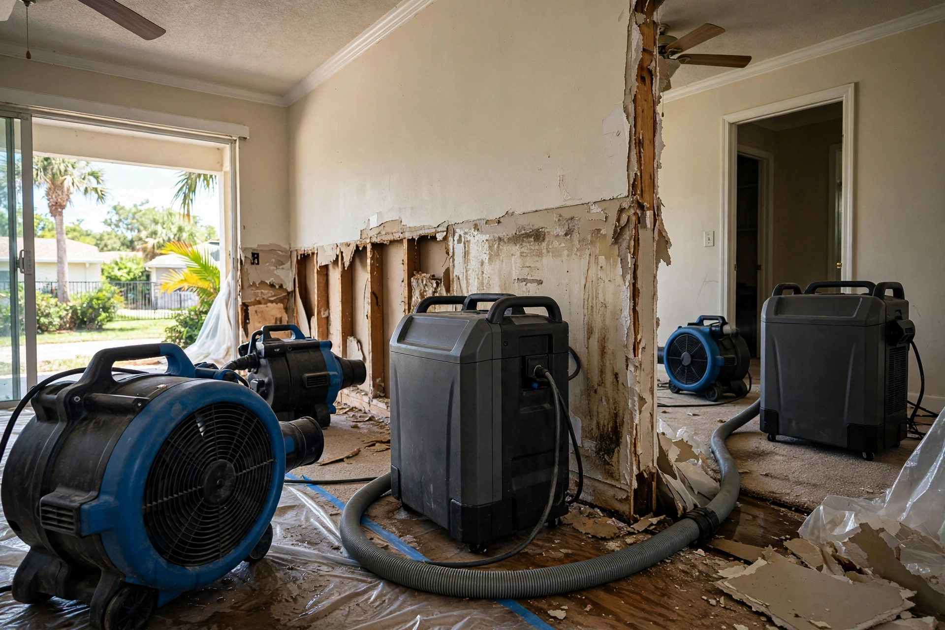 Structural drying equipment, air movers and dehumidifiers drying a Florida home