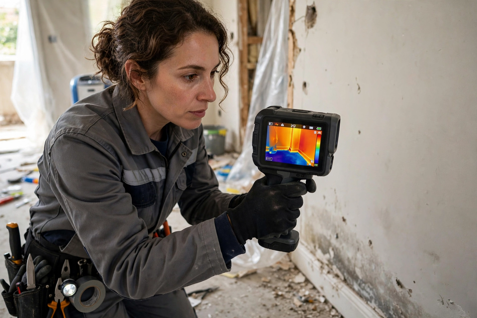 Thermal imaging camera locating hidden water in a wall - DryOut Inc water damage project Florida