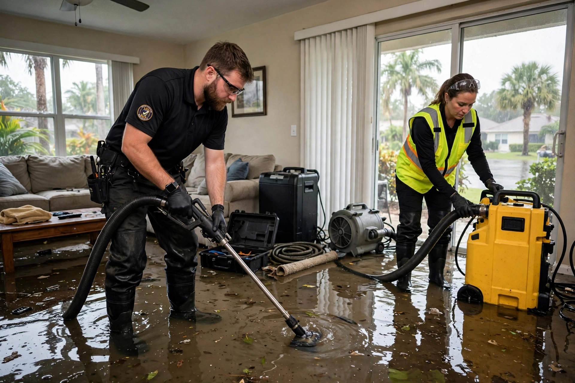 Emergency water extraction in a flooded Florida home by DryOut Inc