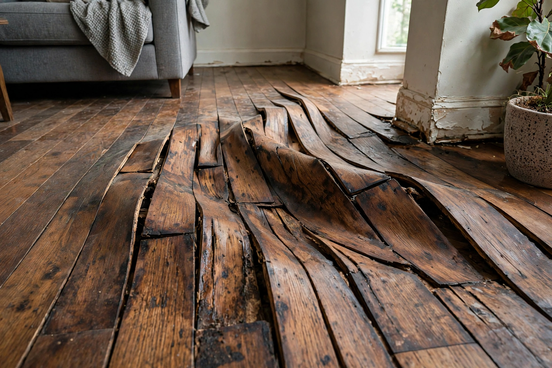 Water damaged hardwood floor during drying - DryOut Inc water damage project Florida